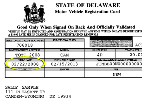 Image of Delaware vehicle registration card